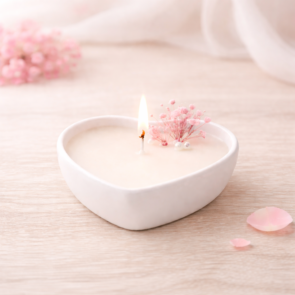 Candele artigianali a forma di cuore in contenitore di ceramica