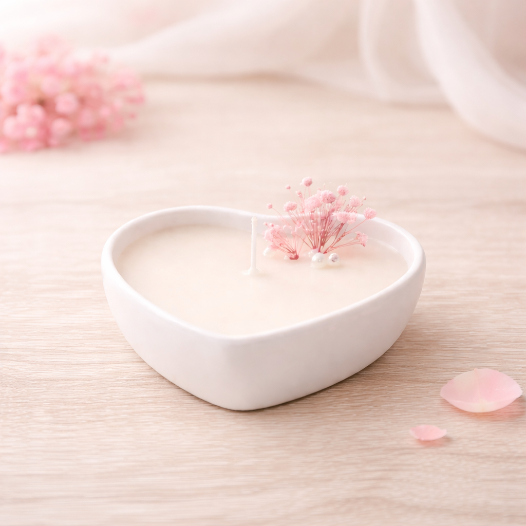 Candele artigianali a forma di cuore in contenitore di ceramica