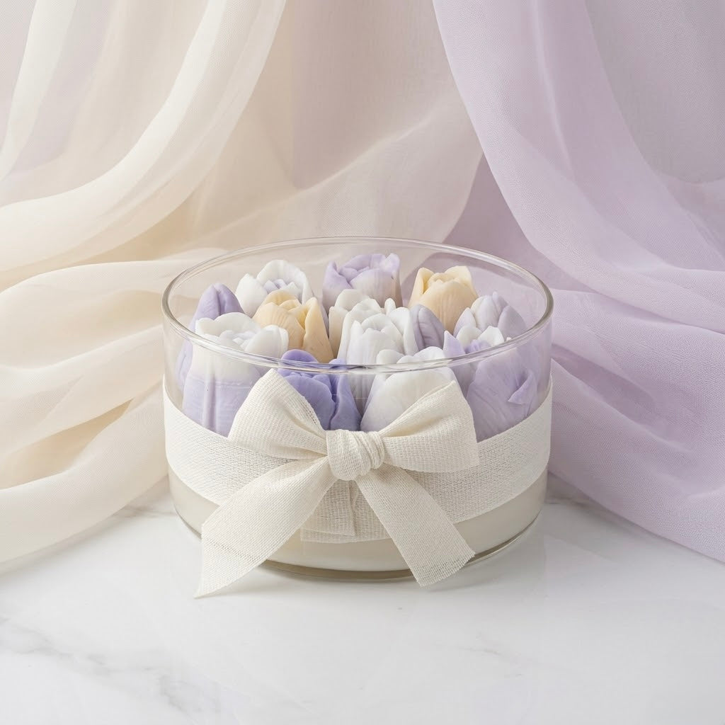 Candela Decorativa con Fiori in Cera – Tonalità Pastello Eleganti