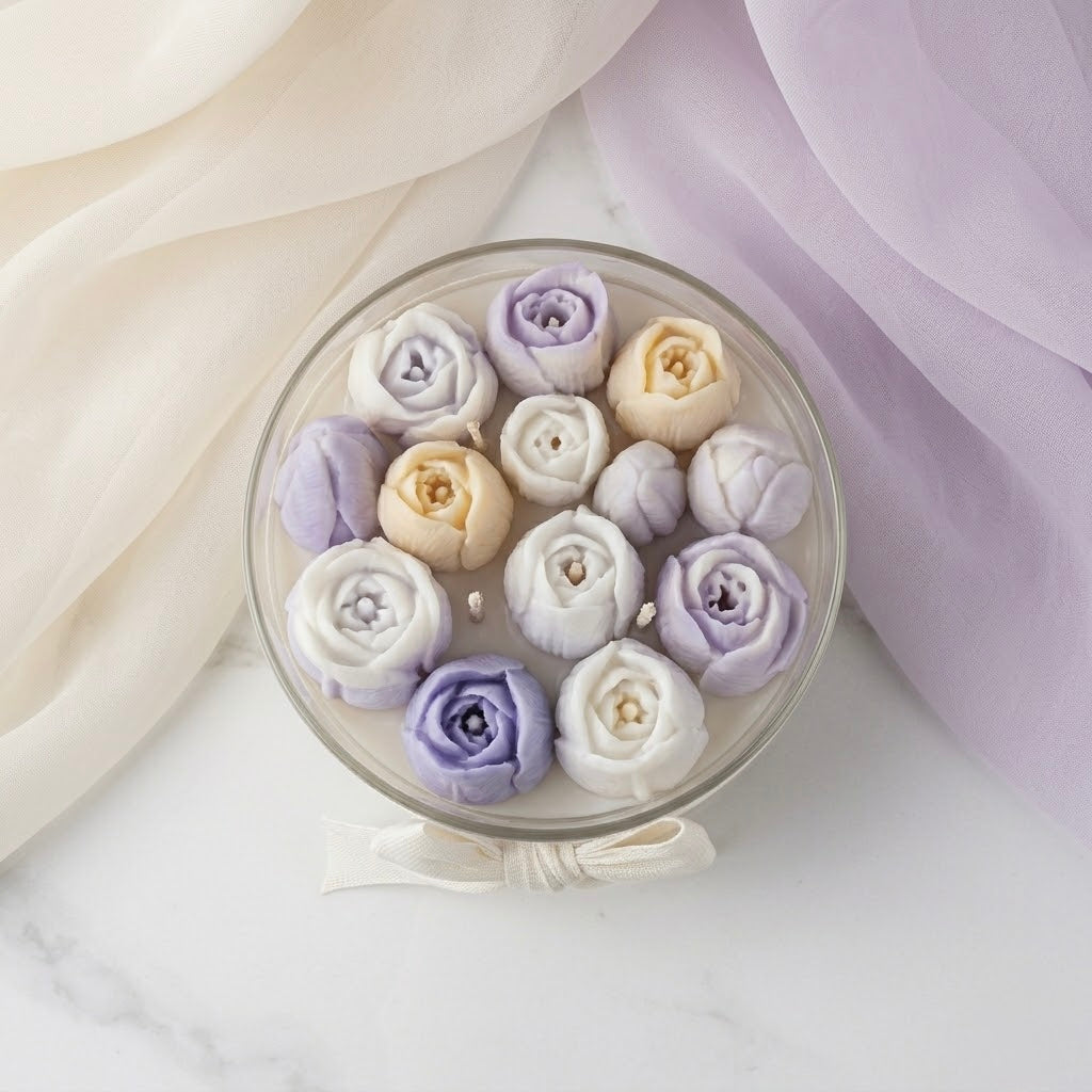 Candela Decorativa con Fiori in Cera – Tonalità Pastello Eleganti