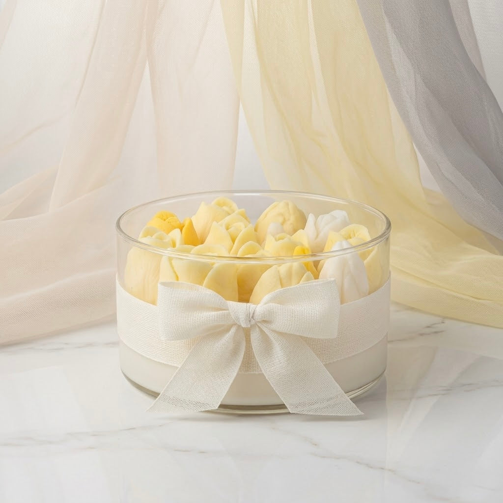 Candela Decorativa Artigianale con Fiori in Cera – Design Elegante