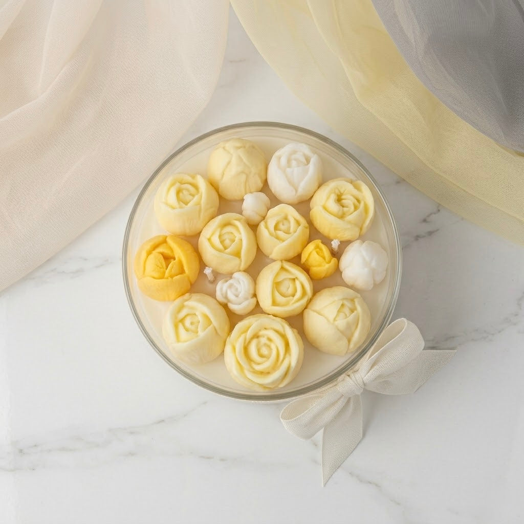 Candela Decorativa Artigianale con Fiori in Cera – Design Elegante